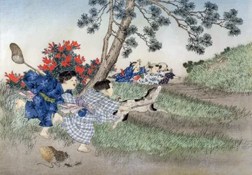 シリーズ「子供用ゲーム」のウサギを追いかける、1888年（カラーの木版画）